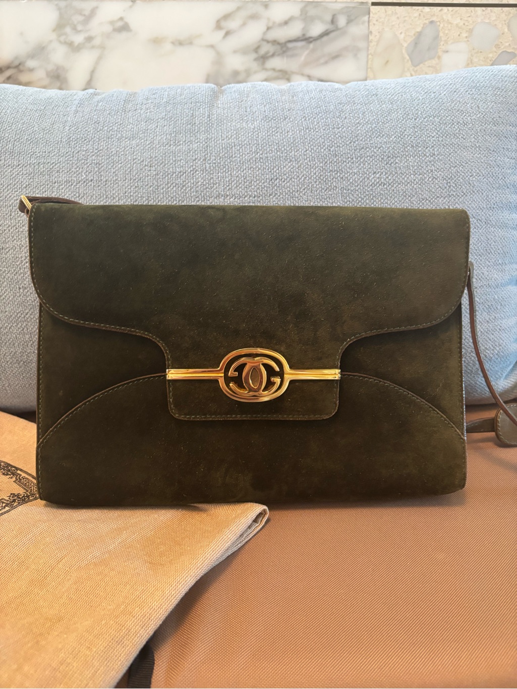 Gucci Vintage Olive Green Suede Shoulder Bag W/ Removable Strap